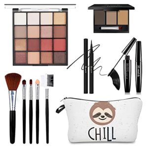 All in One Makeup Kit For Girls - 16 Colors Naked Eyeshadow Palette, 5Pcs Makeup Brushes, Waterproof Eyeliner Pencils, Eyebrow Powder, Mascara, Sloth Cosmetic Bag, Women and Teens Makeup Gift Set (16 Colors)