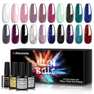 Allenbelle Gel Nail Polish Kit of 24 PCS Soak Off Gel Nail Polish Kit 20 Color Coat with 2 Base coat ,Mirror Top Coat and Matte Top Coat 7.3ML Each Bottle