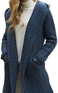 Aran Crafts Women's Cable Knit Herringbone Shawl Hood Coat (100% Merino Wool)