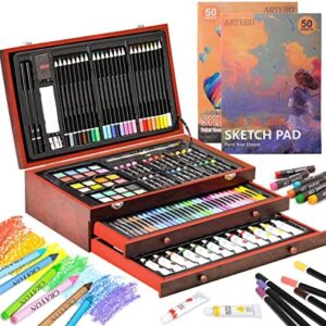 Art Supplies, Deluxe 174 Pieces Art Set Painting Supplies in Portable Wooden Case, Crayon, Oil Pastels, Colored Pencils, Acrylic Paint, Professional Art Kit Drawing Supplies for Kids & Beginners