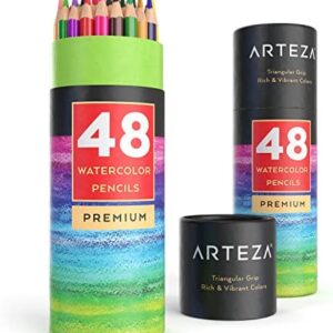 Arteza Watercolor Pencils Set of 48, Presharpened, Triangular-Shaped Colored Pencils for Adults and Teens, Art Supplies for Drawing, Sketching, and Painting