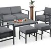 Auzfy Aluminum Patio Furniture Set with Ottomans 8 Pieces Modern Outdoor Furniture Sets All Weather Aluminum Frame Patio Conversation Sets with Coffee Table, Grey