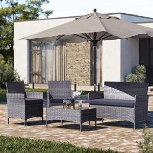 BELLEZE 4 Pieces Patio Furniture Set, Patio Rattan Conversation Sets with Durable Cushion and Tempered Glass Top Table, Outdoor Indoor Wicker Loveseat Sofa Sets for Balcony, Porch, Backyard - Gray
