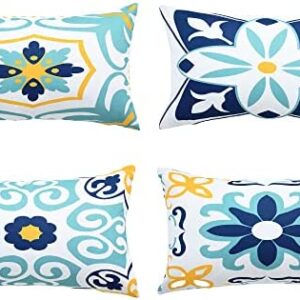 BOYSUM Set of 4 Outdoor Lumbar Pillows Cover Waterproof Throw Pillow Covers Boho Cushion Cover for Patio Furniture 12x20 Inches Blue