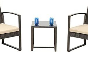BPS 3 Pieces Patio Furniture Set, Outdoor Rattan Wicker Chairs with Table, 3 Pcs Sofa Set with Cushion, Conversation Furniture for Garden Poolside