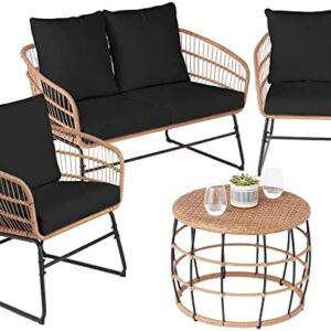 Best Choice Products 4-Piece Outdoor Rope Wicker Patio Conversation Set, Modern Contemporary Furniture for Backyard, Balcony, Porch w/Loveseat, Plush Cushions, Coffee Table, Steel Frame - Black