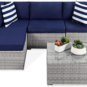 Best Choice Products 5-Piece Modular Conversation Set, Outdoor Sectional Wicker Furniture for Patio, Backyard, Garden w/ 3 Chairs, Ottoman Chair, 2 Pillows, 6 Seat Clips, Coffee Table - Gray/Navy