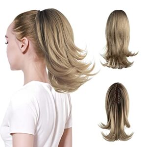 CJL HAIR 12 Inch Short Ombre Blonde Curly Claw Clip Ponytail Extension Fake Faux Drawstring Hair Piece Instant Updo Wavy Pony Tails Synthetic High Temperature Fiber Hairpiece for Women Girls Kids