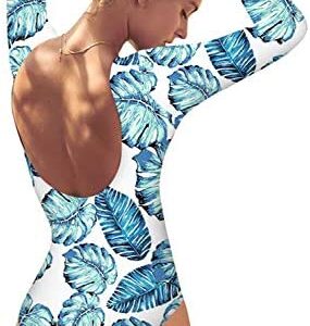 CPUTAN Women's Floral Print Backless Long Sleeve Bathing Suit One Piece Swimsuit