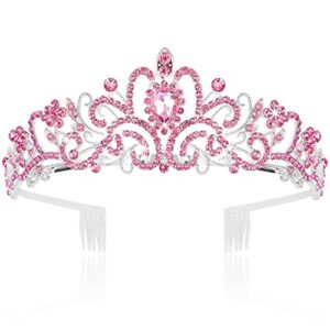 CURASA Pink Tiara and Crowns with Comb Princess Crown Birthday Crowns for Women Gils Crystal Wedding Headband Cute Kids Hair Accessories for Prom Costume Christmas