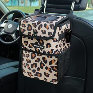 Car Trash Can, WAVELANE Automotive Car Trash Bag with Lid, Collapsible Waterprrof Car Organizers and Storage, Car Accessories for Women Men and Teens (Leopard Print)