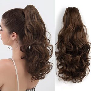 Clip Ponytail Extension, MFZZKAP Clip Claw Ponytails Extension 16" Wavy Synthetic Fake Hair pieces For Women Brown Hair Extensions Ponytail Extension One Piece A Jaw Long Pony Tail for Women