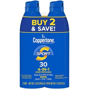 Coppertone SPORT Sunscreen Spray SPF 30, Water Resistant Spray Sunscreen, Broad Spectrum SPF 30 Sunscreen Pack, 5.5 Oz Spray, Pack of 2 (Packaging May Vary)