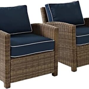 Crosley Furniture KO70026WB-NV Bradenton Outdoor Wicker Arm Chairs (Set of 2), Brown with Navy Cushions