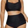 Daci Women Two Piece High Waisted Plus Size Swimsuits Vintage Twist Front Retro Bikini Bathing Suits with Ruched Bottom