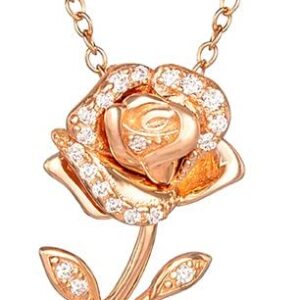 Disney Beauty and the Beast Pendant, Enchanted Rose Necklace, Pink Gold Over Sterling Silver and Cubic Zirconia, 18"