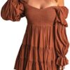 Dokotoo Womens 2022 Summer Elegant Off The Shoulder V Neck Long Sleeve Ruffle Flowy Mini Short Skater Dresses