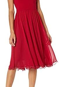 Dress the Population Women's Alicia Plunging Mix Media Sleeveless Fit and Flare Midi Dress