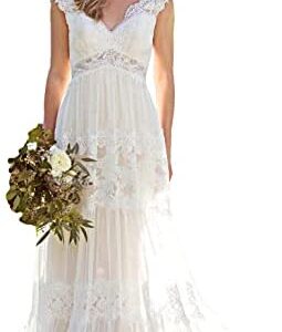 Dymaisei Women's V Neck Bohemian Wedding Dresses for Bride 2022 Lace Appliques Boho Bridal Gowns