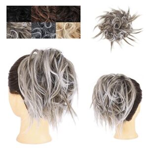 ELAINE Tousled Updo Messy Bun Hairpieces Synthetic 1.94 Ounce Scrunchies Hair Piece Ponytail Extension with Elastic Rubber Band for Women Girls (Medium Ash Brown Tip White -#81A)