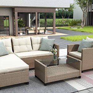EMKK 4 Pieces, Outdoor High Backrest Sofa, All-Weather PE Rattan Sectional Seating Group,Patio Furniture Sets, Beige Brown
