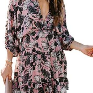 Ecrocoo Womens Sexy V Neck Long Sleeve Boho Floral Print Mini Dress A Line Swing Dresses