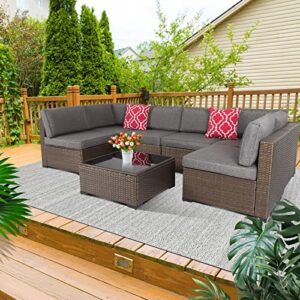Elesuli 7 Pieces Wicker Outdoor Patio Furniture Sets Sectional Sofa Couch Set Rattan Conversation Set(Dark Grey)