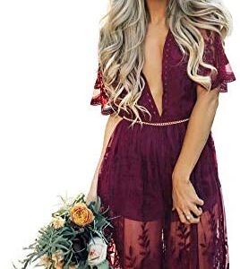 Eleter Women's Deep V-Neck Lace Romper Short Sleeve Long Dress