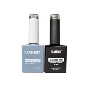 FZANEST Peel Off Base Glass Top Coat Gel Nail Polish Set,Base Gel and High Shine Finish Kit Soak Off Led UV Gel Polish 15ml*2