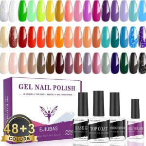 Gel Nail Polish 51 Bottles - Long Lasting Over 30 Days, Gel Nail Polish Kit 48 Colors with Glossy Gel Top Coat Base Coat and Nail Strengthener All Seasons Soak Off Gel Nail Polish Set