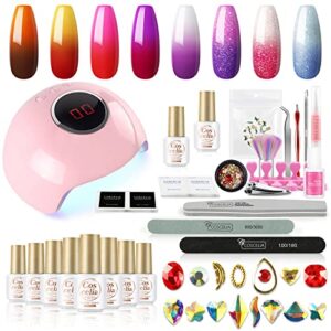 Gel Nail Polish Kit with U V Light 8 Colors Temperature Color Changing Gel Polish Set Glitter Soak off Gel Base and Top Coat Nail Art Decoration Gel Manicure Nail Kit for Nail Art