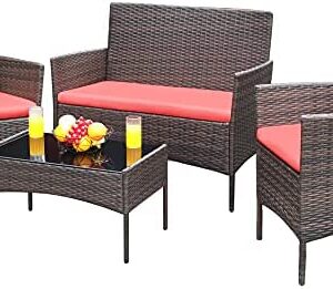 Greesum Patio Furniture 4 Pieces Conversation Sets Outdoor Wicker Rattan Chairs Garden Backyard Balcony Porch Poolside loveseat with Soft Cushion and Glass Table, Brown and Red