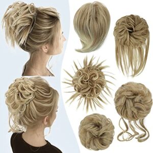 HMD 5 Pieces Messy Hair Bun Hairpiece Tousled Updo for Women Hair Extension Ponytail Scrunchies with Elastic Rubber Band Long Updo Messy Hairpiece Hair Accessories for Women (Honey Blonde Mix Bleach Blonde)