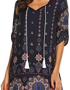 Halife Women's Vintage Ethnic Style Printed Tassel Tie Neck Loose Fit Bohemian Tunic Dress