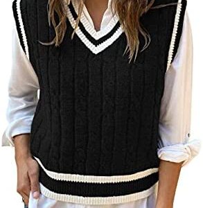 Heltapy Women Knitted Vest V Neck Sweaters Sleeveless Knitwear Cable Knit Tank Tops Pullover