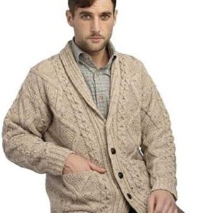 Irish Aran Knitwear 100% Irish Merino Wool Men's Shawl Neck Cardigan Sweater with Pockets | Made in Ireland