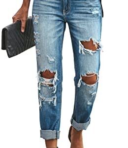 KUNMI Women's Ripped Mid Waisted Boyfriend Jeans Loose Fit Distressed Stretchy Denim Pants