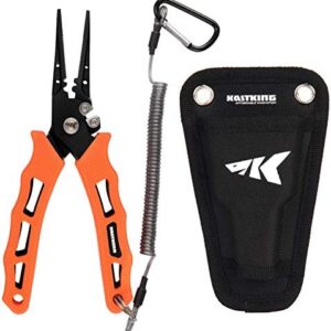 KastKing Cutthroat 7 inch Fishing Pliers, 420 Stainless Steel Fishing Tools, Saltwater Resistant Fishing Gear, Tungsten Carbide Cutters, Corrosion Resistant Teflon Coating, 7'' Straight Nose, Orange