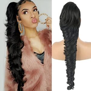 LEOSA Curly Wavy Drawstring Ponytail for Black Women Curly Hair Ponytail Clip in Ponytail Hair Extensions Long Black Ponytail Extension Body Wave Hair Extensions Ponytail Hair Buns Hair Piece 28 Inch