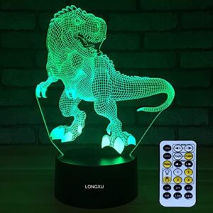 LONGXU Dinosaur Toys 3D Night Light for Boys with Timer Remote & Smart Touch 7 Colors Changing Dimmable TRex Toy 1 2 3 4 5 6 7 8 9 10 Year Old Boy Gifts (Dinosaur)