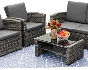 LayinSun 4 Piece Outdoor Patio Furniture Sets, Wicker Conversation Sets, Rattan Sofa Chair with Cushion for Backyard Lawn Garden (Grey)