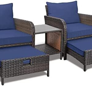 LeveLeve Balcony Furniture 5 Piece Patio Conversation Set, PE Wicker Rattan Outdoor Lounge Chairs with Soft Cushions 2 Ottoman&Glass Table for Porch, Lawn-Brown Wicker
