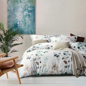 MILDLY Duvet Cover King Size, 100% Egyptian Cotton Teal Leaf Plant Printed Chic Bedding Set Soft & Breathable for All Seasons(1 King Comforter Cover + 2 Pillow Shams)
