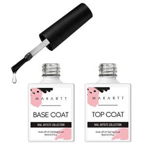 Makartt 2pcs No Wipe Gel Top Coat and Base Coat Kit, 15ml Soak off UV LED Gel Base and Top Coat Gel Nail Polish Long Lasting Shiny Clear Nail Varnish Set (Nail Lamp Needed )