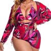 MakeMeChic Women's Plus Size 3 Piece Swimsuit Printed Halter High Waisted Triangle Bikini Set with Cover Up