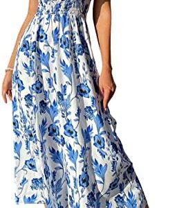MakeMeChic Women's Summer Floral Boho Sleeveless Spaghetti Strap Shirred Cami Long Maxi Dress