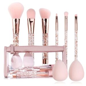 Makeup Brushes Set,9pcs Shiny Crystal Glitter Makeup Brushes with Pouch,Nylon Hair Plastic Handle Brushes with Organizer Bag for Eyeshadow,Foundation,Blush,Face Powder,Eyebrow & Li,Travel Friendly