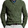 Mens Shawl Collar Cable Knit Pullovers Sweater V-Neck Knitwear Relaxed Fit