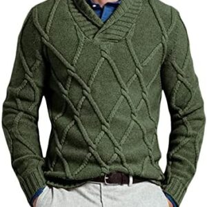 Mens Shawl Collar Cable Knit Pullovers Sweater V-Neck Knitwear Relaxed Fit
