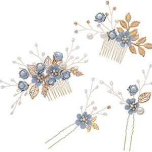 NUOBESTY 4Pcs Wedding Hair Clip Comb Handmade Bridal Hair Clip Pearl Floral Leaf Hair Accessories for Women Wedding ( Blue )